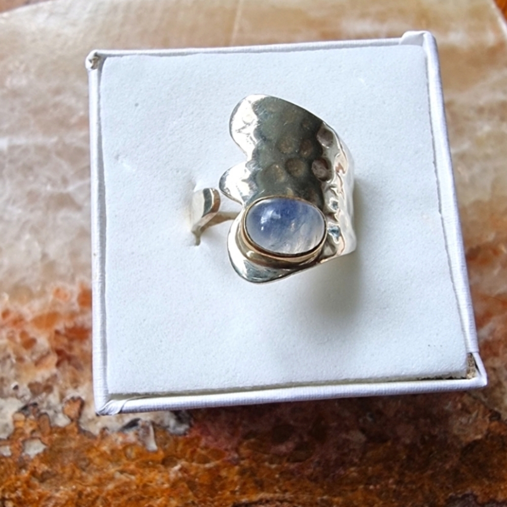 Elegant Sterling Silver Two-Tone Boho Moonstone Adjustable Ring